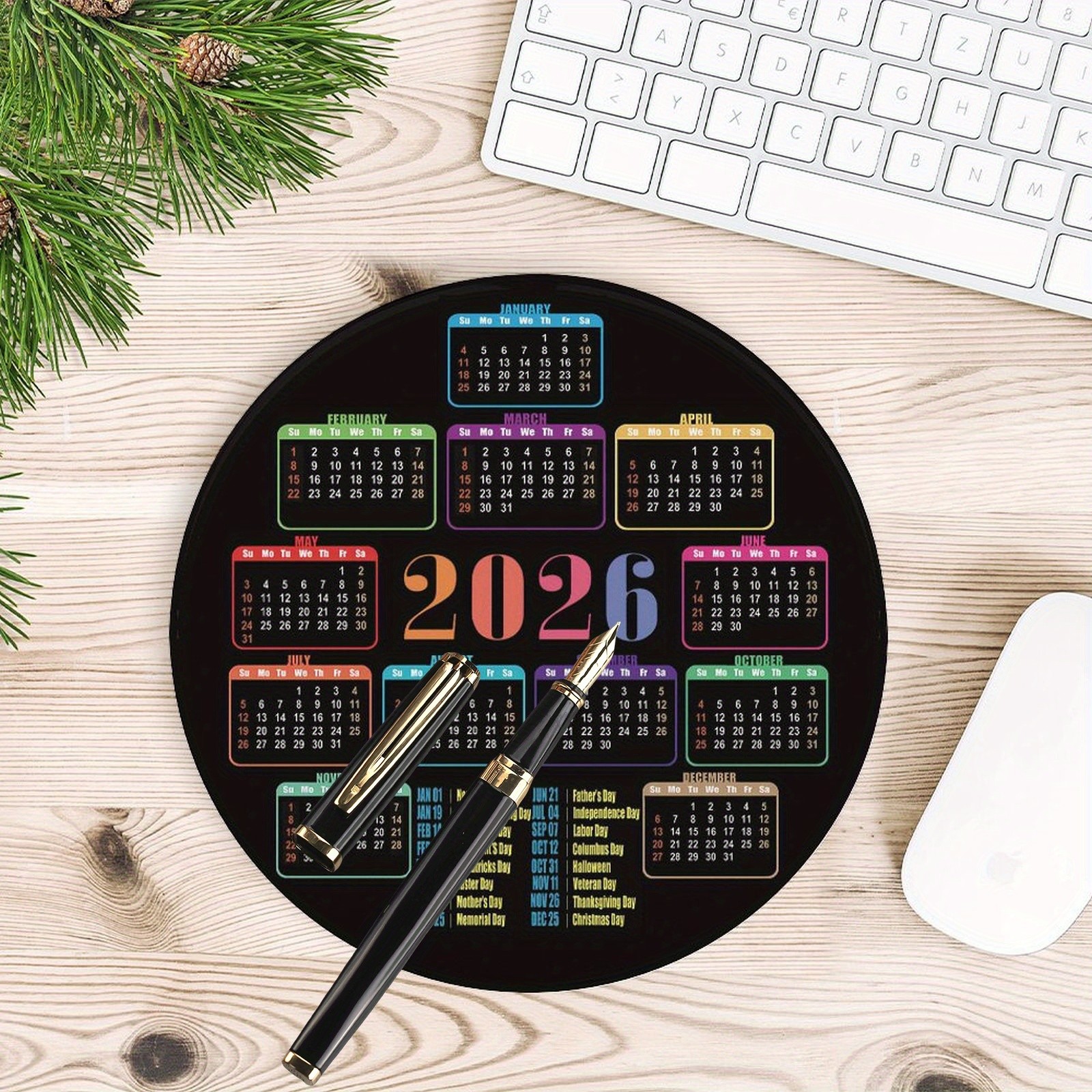 Round 2026 Calendar Mouse Pad Non-Slip Rubber Desk Mat Office Home Decor Gift