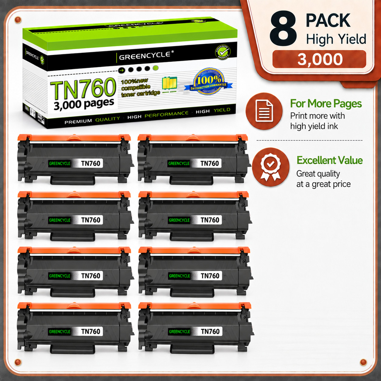 8PK TN760 Toner Cartridges Fits for Brother MFC-L2710dw L2750DW HL-L2730DW TN730