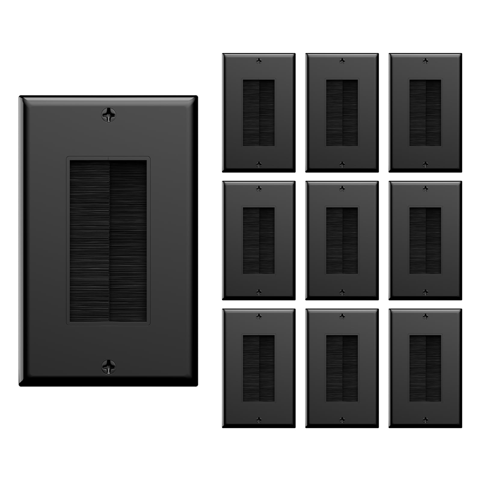 Brush Wall Plate, Cable Pass Through Insert for Wires, Black, 10Pack
