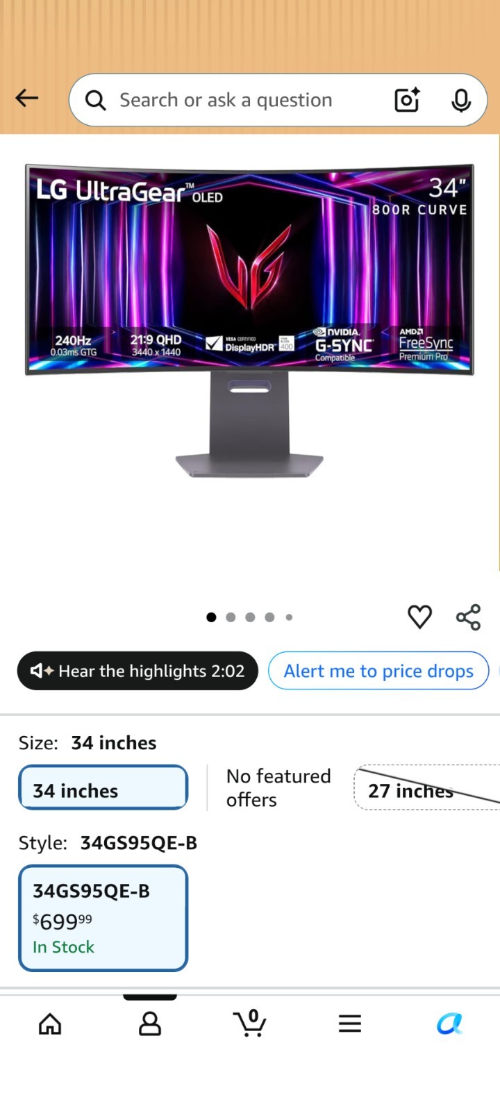 LG 34" UltraGear™ OLED WQHD 240Hz 0.03ms G-Sync 800R Curved Gaming Monitor