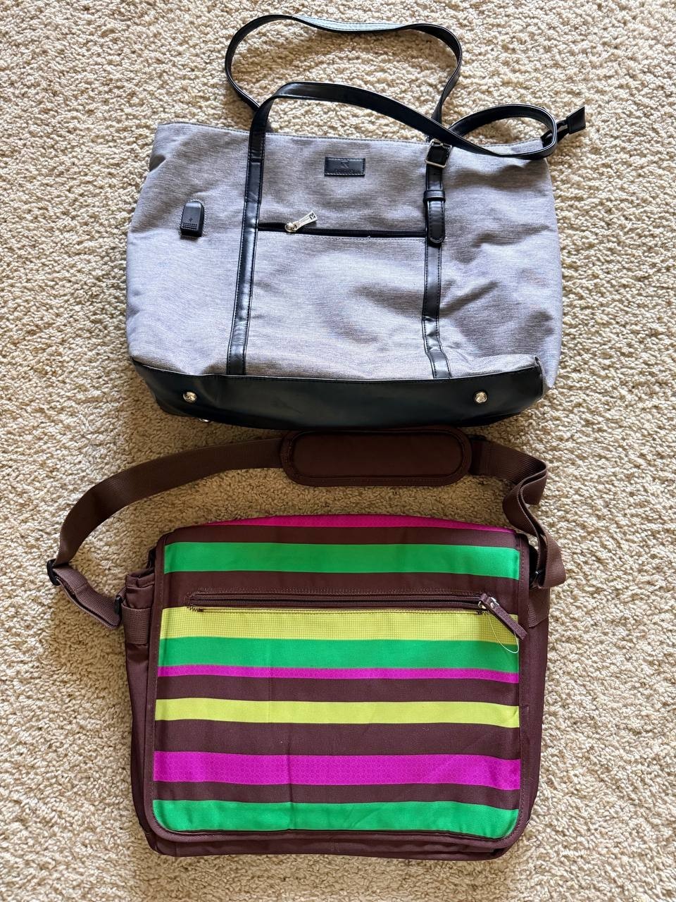 Set of 2 Laptop Bags Grey Tote Work Shoulder Bag & Striped Messenger Briefcase