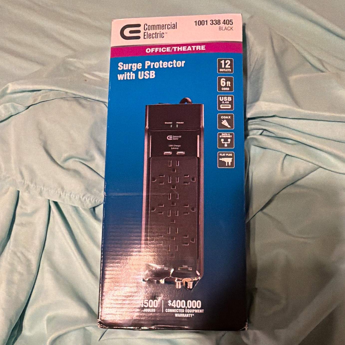 Commercial Electric 12-Outlet Surge Protector w/ USB, 6 ft Cord, 1500J