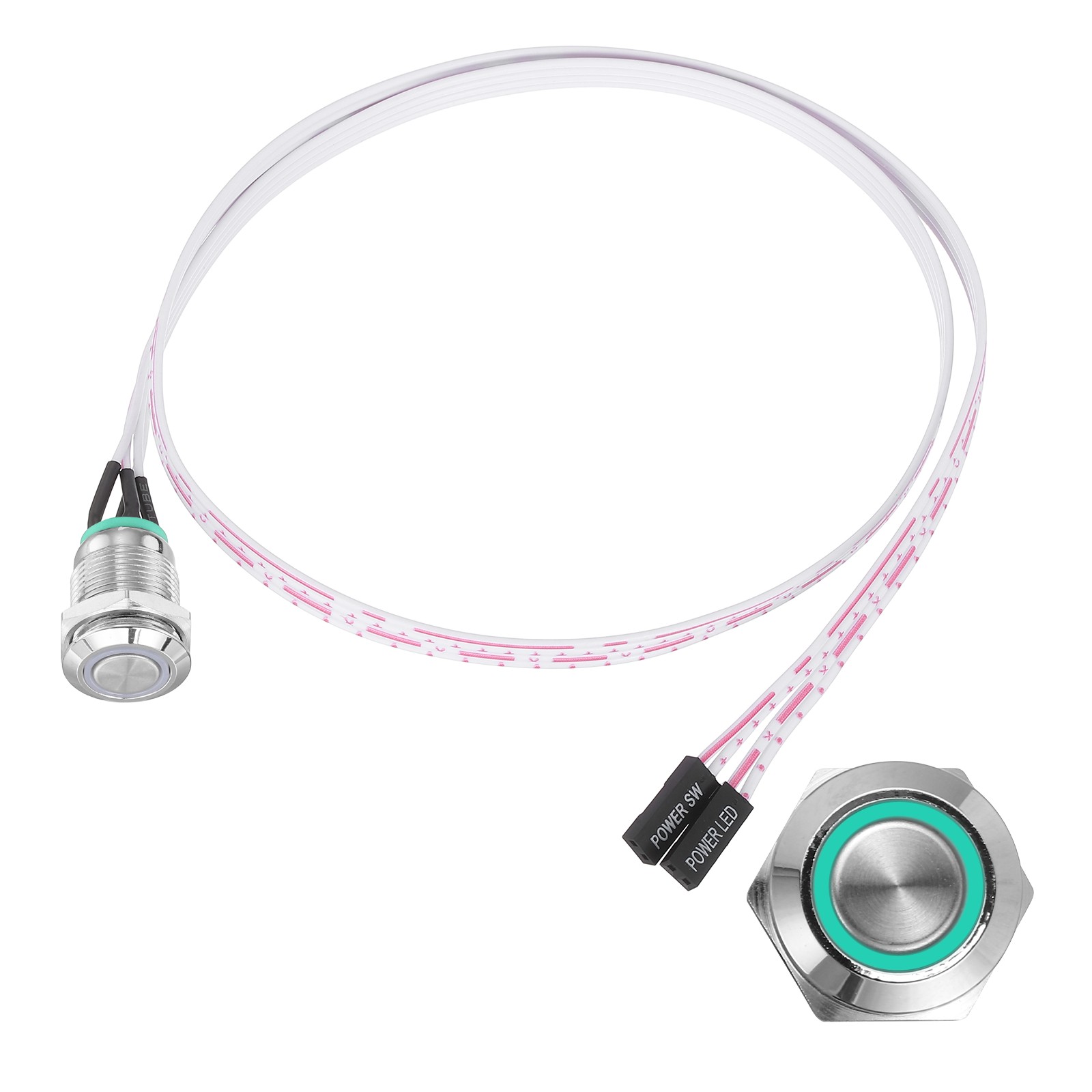 Chassis Metal Button 12mm Ring Green LED Power Button 60cm Wire Silver