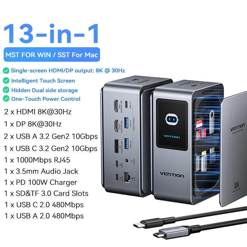 Vention 13-in-1 USB-C Docking Station 8K@30Hz HDMI DP 10Gbps Smart Screen Hub