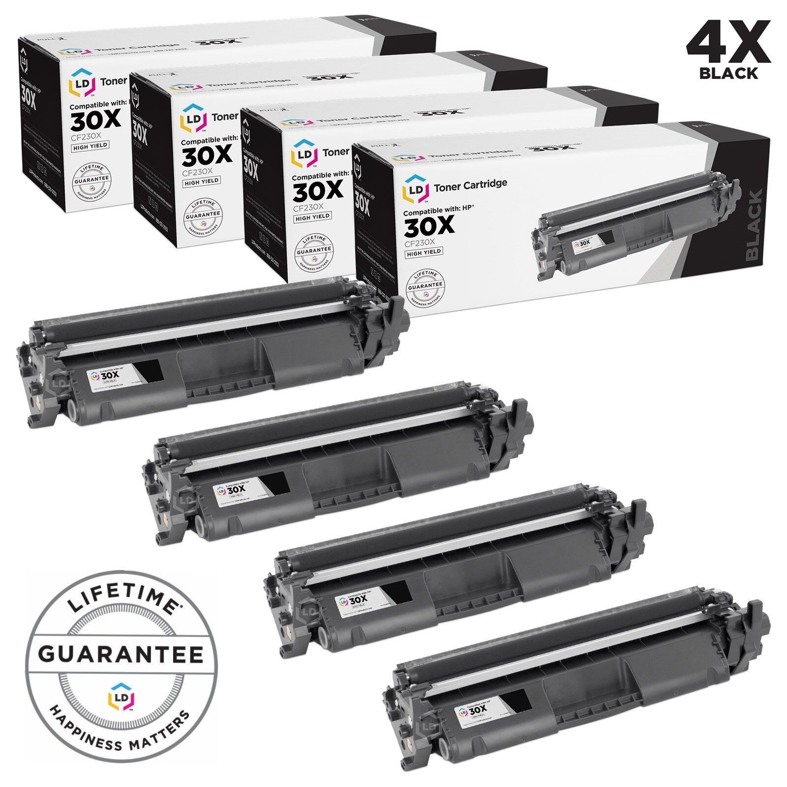 LD 4PK Comp Black Cartridge w Chip for HP Toner 30X CF230X LaserJet MFP M227d