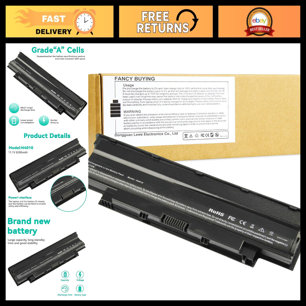 11.1V 58Wh Laptop Battery for Dell Vostro & Inspiron Models - High Capacity Repl