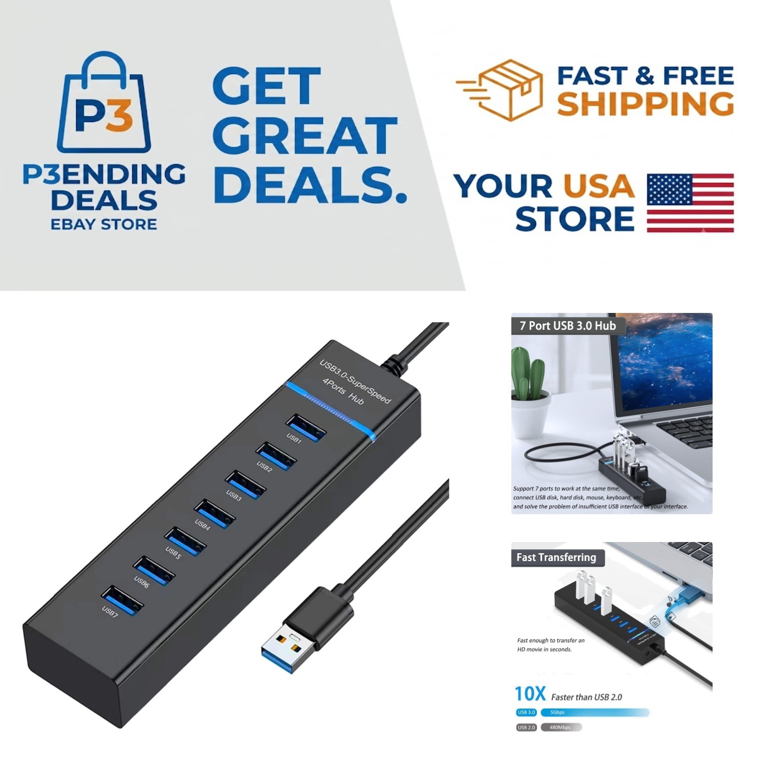 7-Port USB 3.0 Splitter - Effortless Plug and Play Connectivity for All Devices