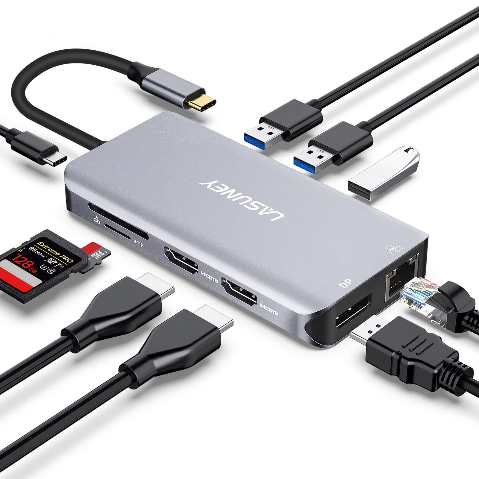 Lasuney Triple Display 10 In 1 Usb Type C Hub To 2 Hdmi Displayport Pd3.0