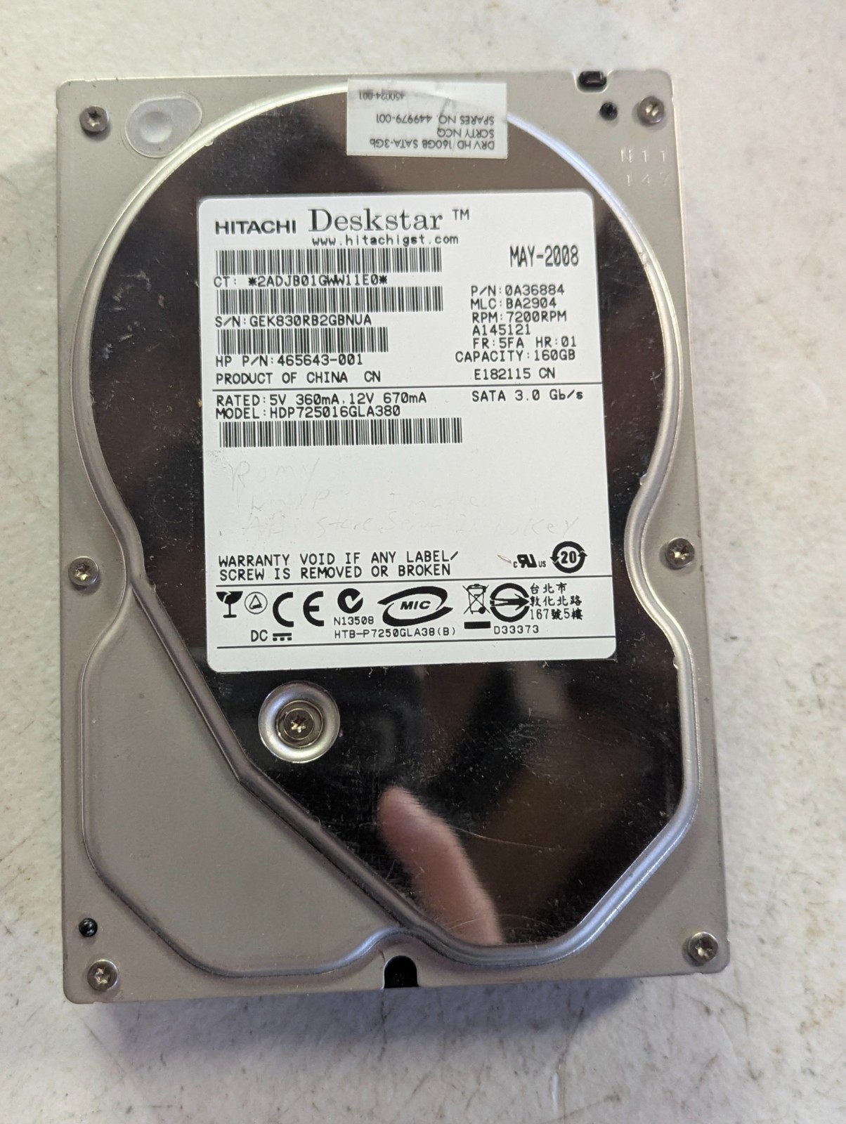 Hitachi HDP725016GLA380 160GB 3.5" SATA 7200RPM HDD HP 465643-001