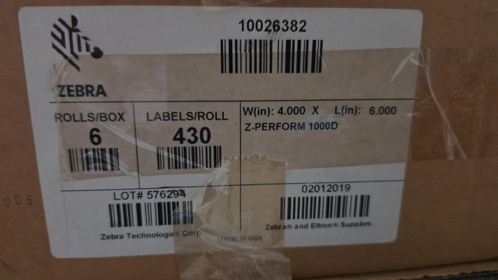 Zebra 4" x 6" Z-Perform 1000D Labels Direct Thermal 10026382 Genuine - 5 Roll