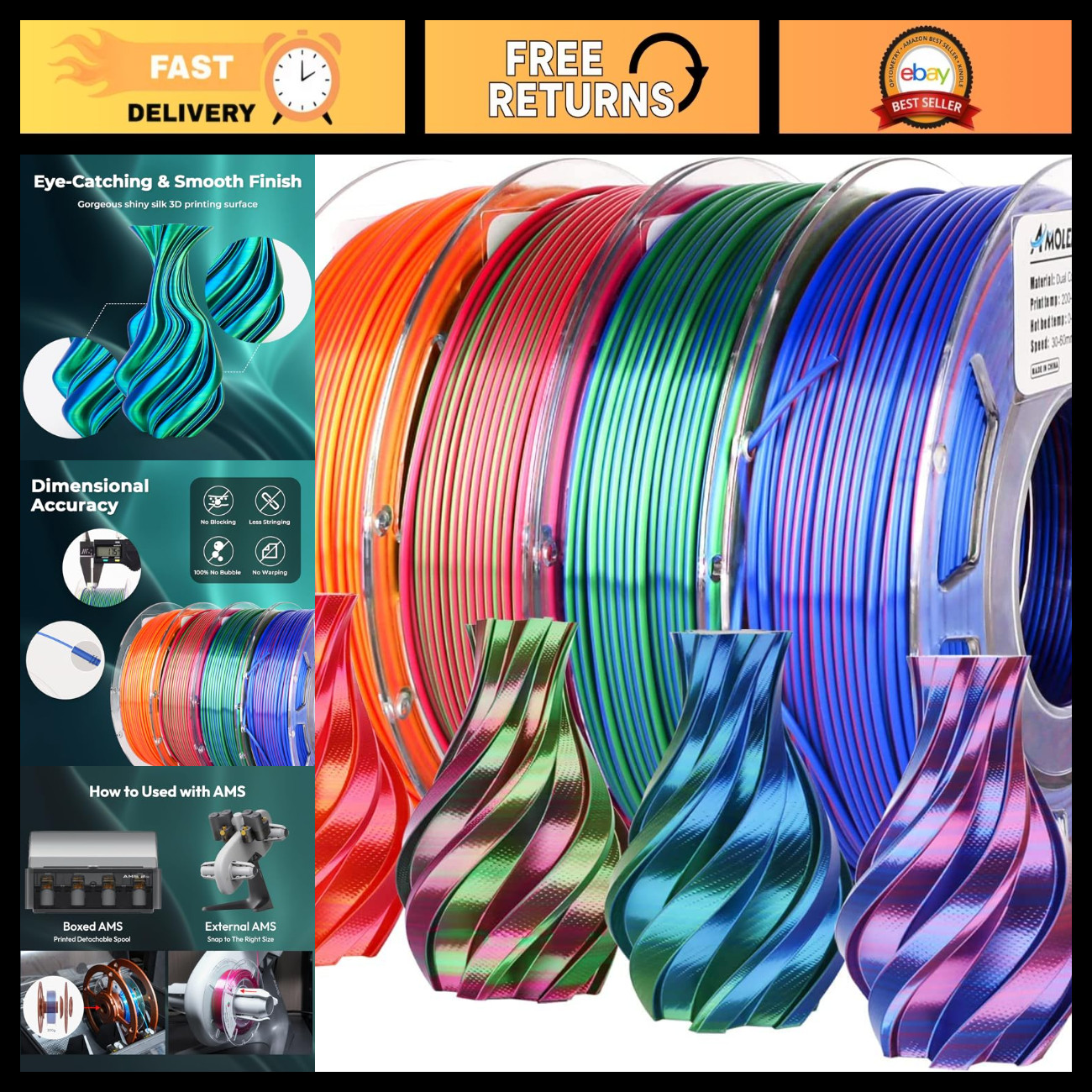 Shiny Dual Color 3D Printer Filament Bundle - 1.75mm Multi Color Change, 4 Spool