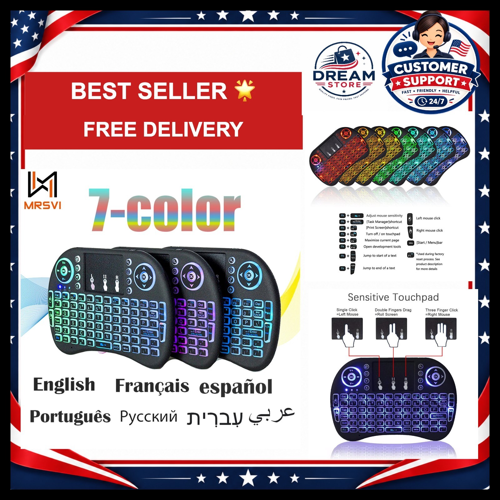 2.4G Air Mouse with Touchpad Keyboard i8 Arabic French Spanish Russian Backlit