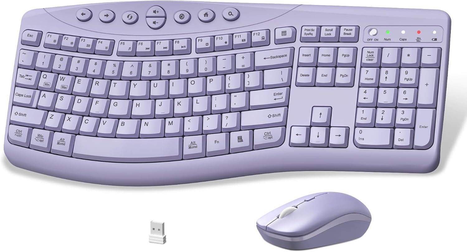 Wireless Keyboard and Mouse Combo, Quiet Ergonomic Curved Keys(Purple-A)