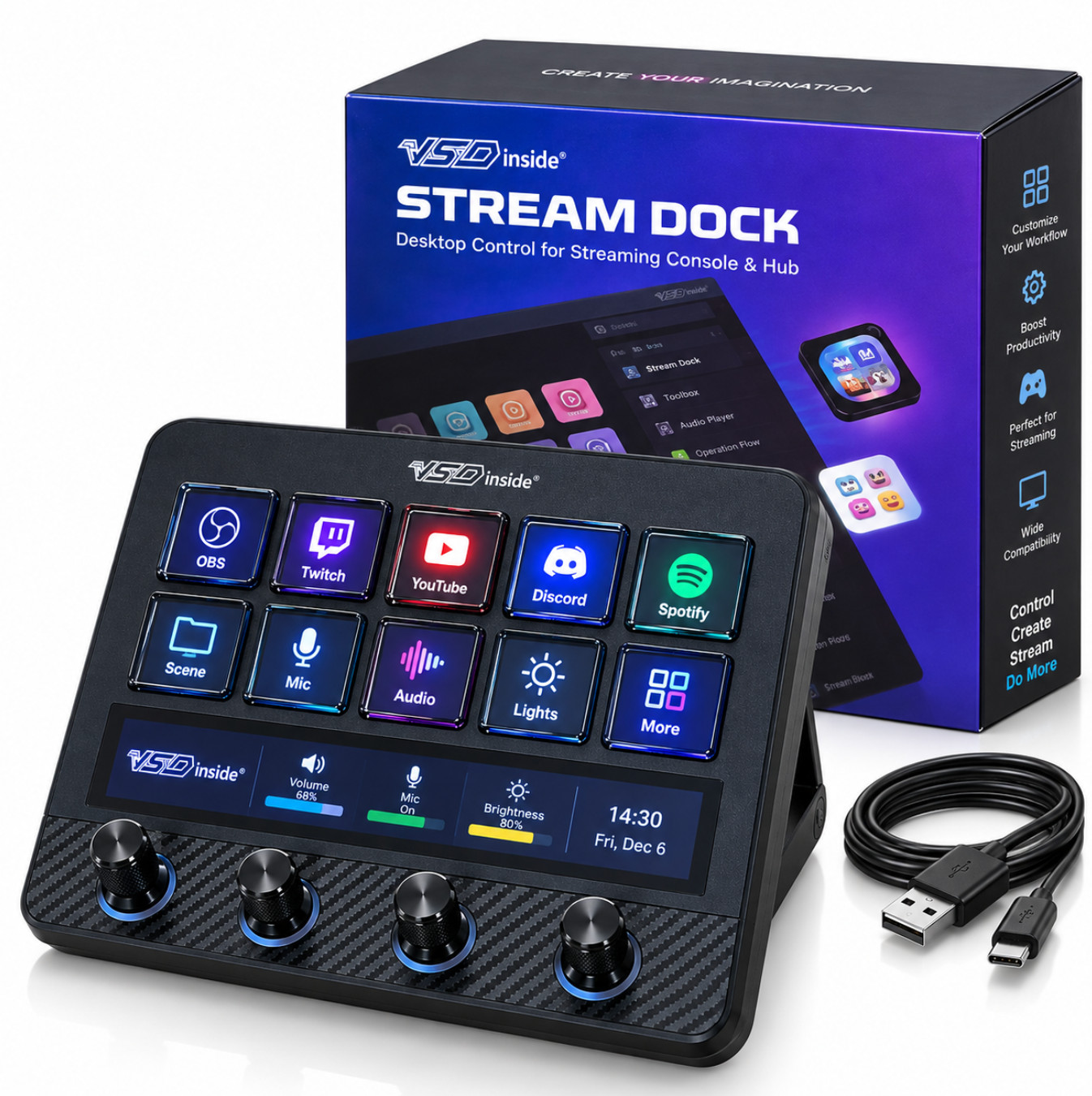 VSDinside VSD N4 Pro Stream Dock Macro Keypad PC Mac Streaming New Open Box