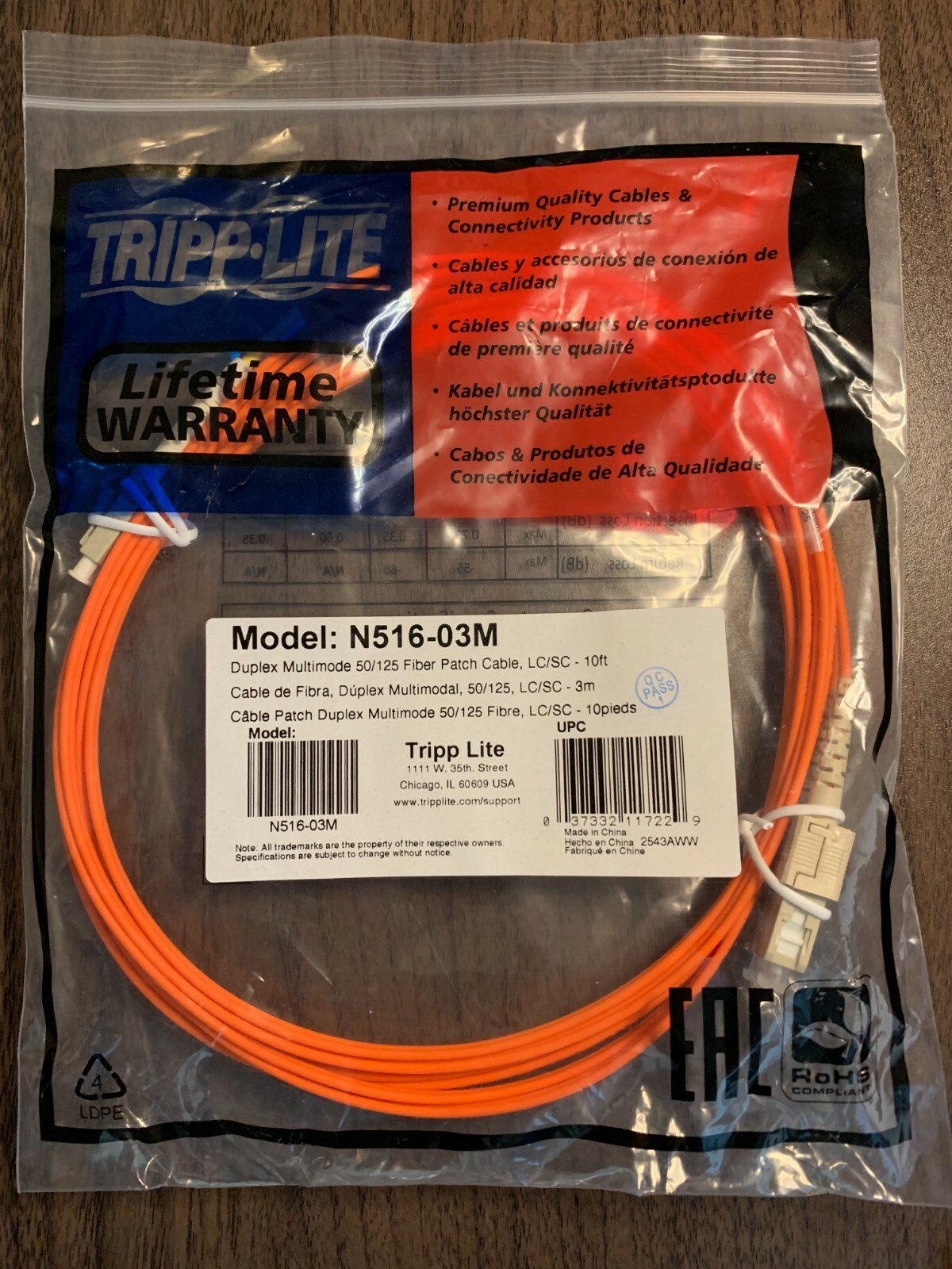 TRIPP LITE N516-03M | Fiber Optic Cable | Duplex Multimode 50/125 | LC/SC 10ft