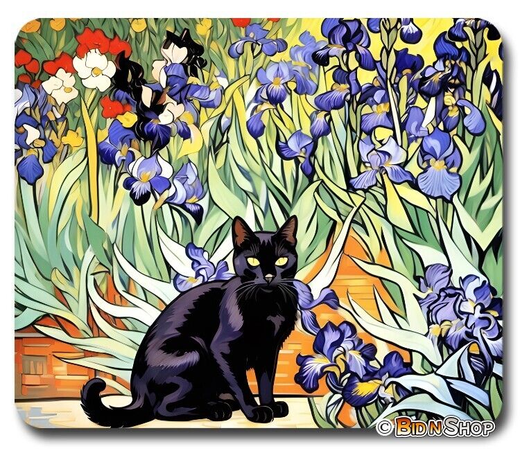 Van Gogh Irises & Black Cat - Mouse Pad / PC Mousepad - Funny Art Meme GIFT