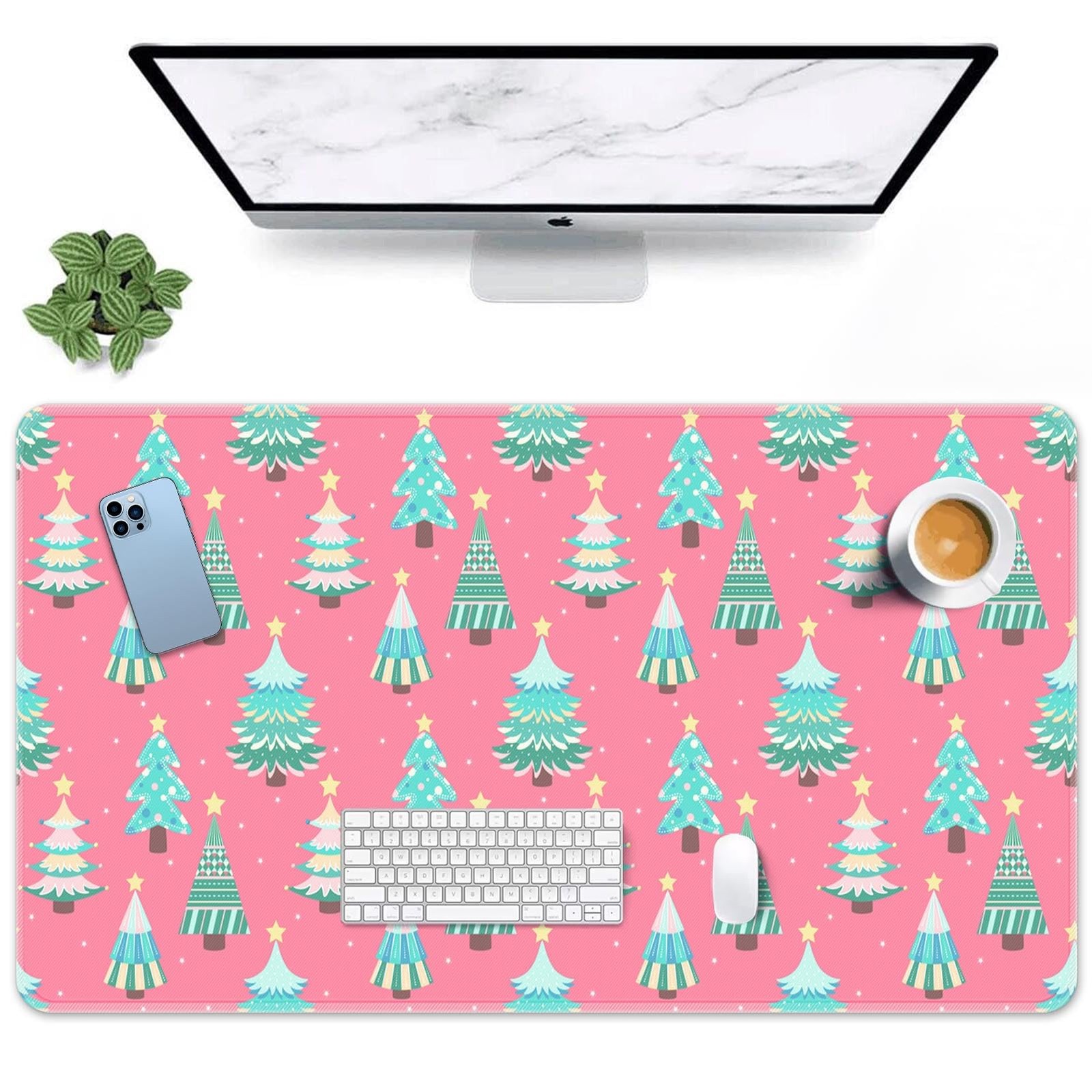 Christmas Tree Large Pad for Desk, Pink Snowflakes Computer Keyboard Mat Non-...