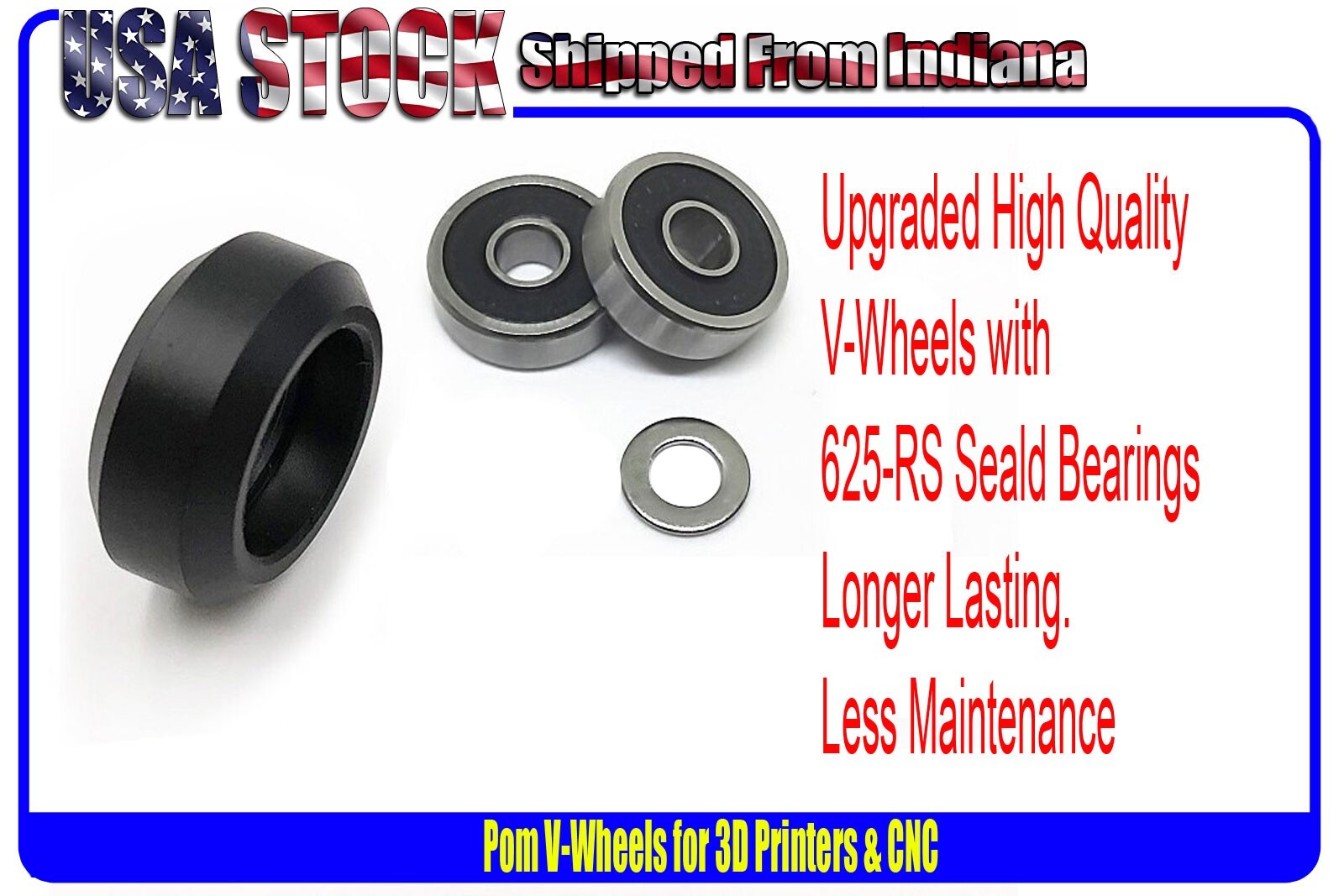 Pom Solid V-Wheels  for 3D Printers Upgraded w/ 625-RS Sealed Bearings, V-Slot