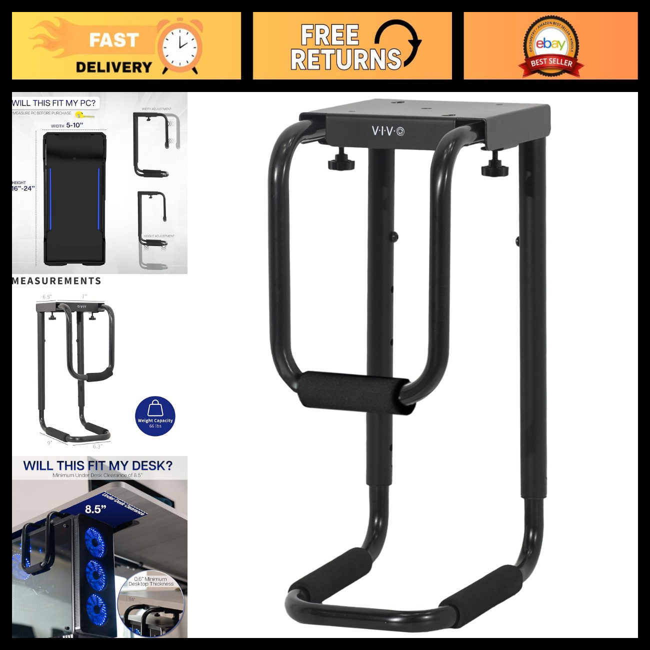 Heavy Duty Under Desk PC Mount, Large Office Monitor Stand, Adjustable Bracket