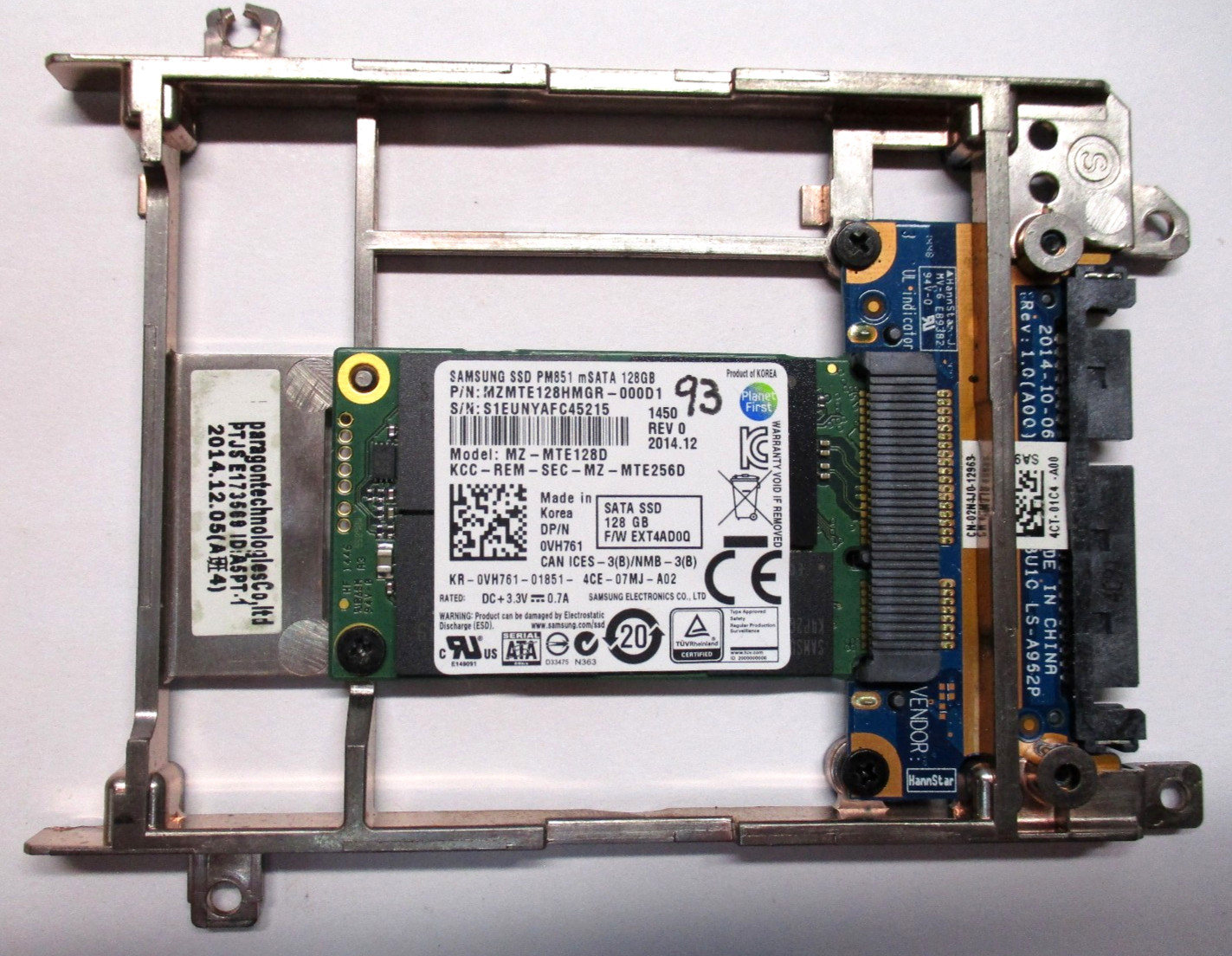 Samsung Model MZ-MTE128D PM851 mSATA 128GB SSD DP/N 0VH761/ w/2.5" (7mm) Caddy