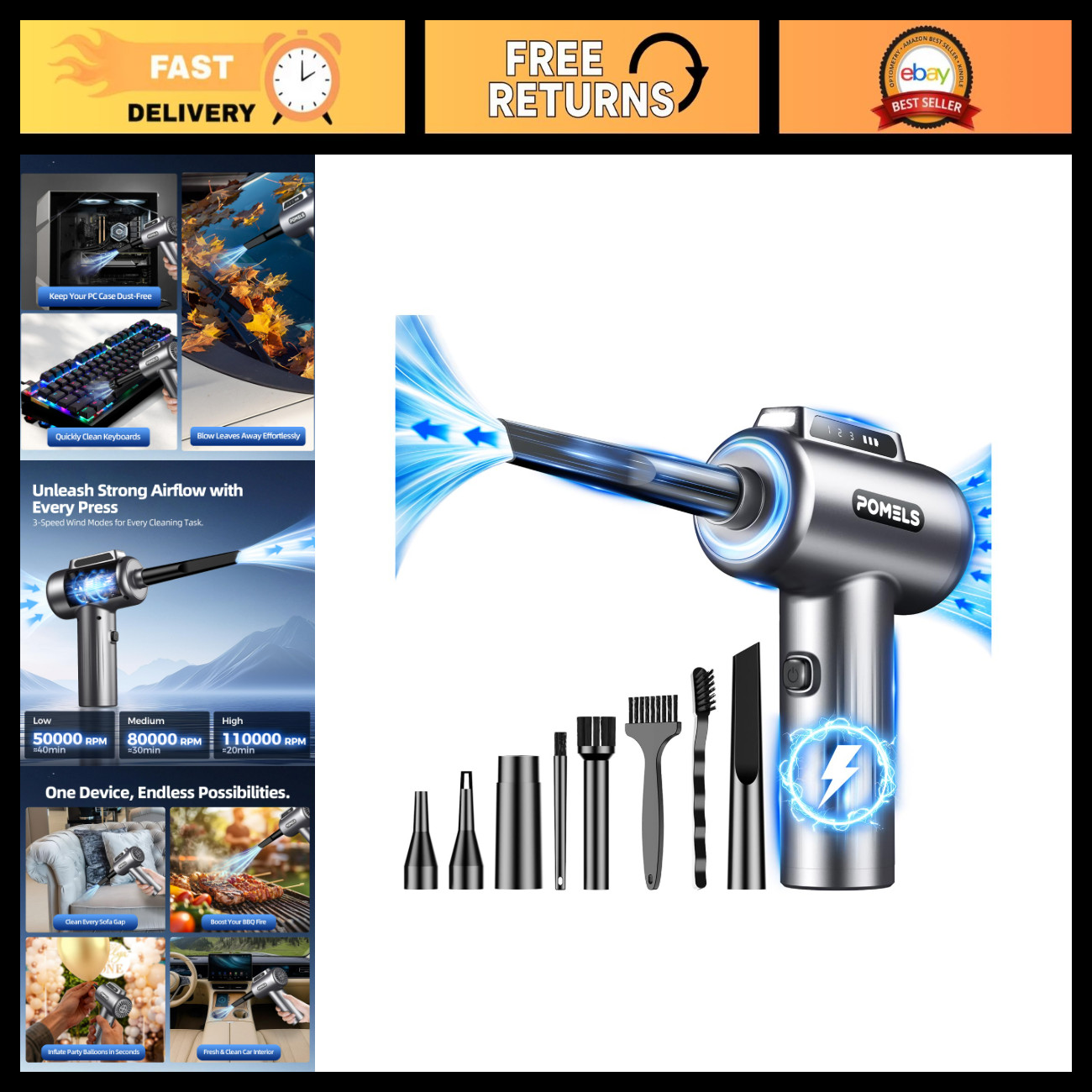 Ultra-Powerful Cordless Air Duster 110,000 RPM, 3-Speed, LED Light, Mini Blower