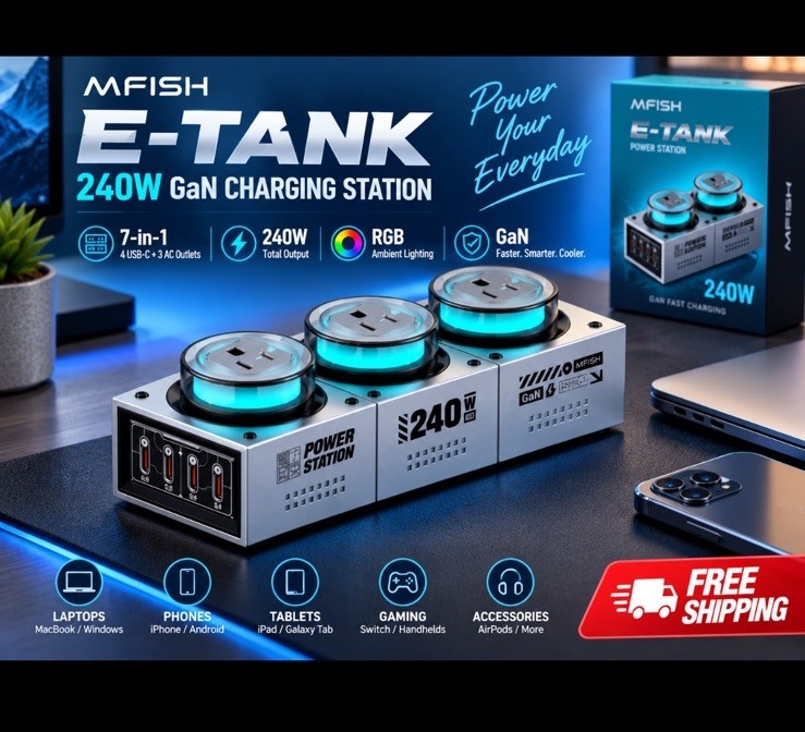MFISH 240W GaN USB -C Charging Station 7 Port Desktop Fast Charger PD QC RGB