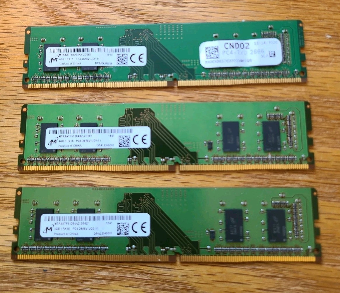 Micron 12GB (3X4GB) PC4-2666V-UC0-11,  1RX16, MTA4ATF51264AZ-2G6E1