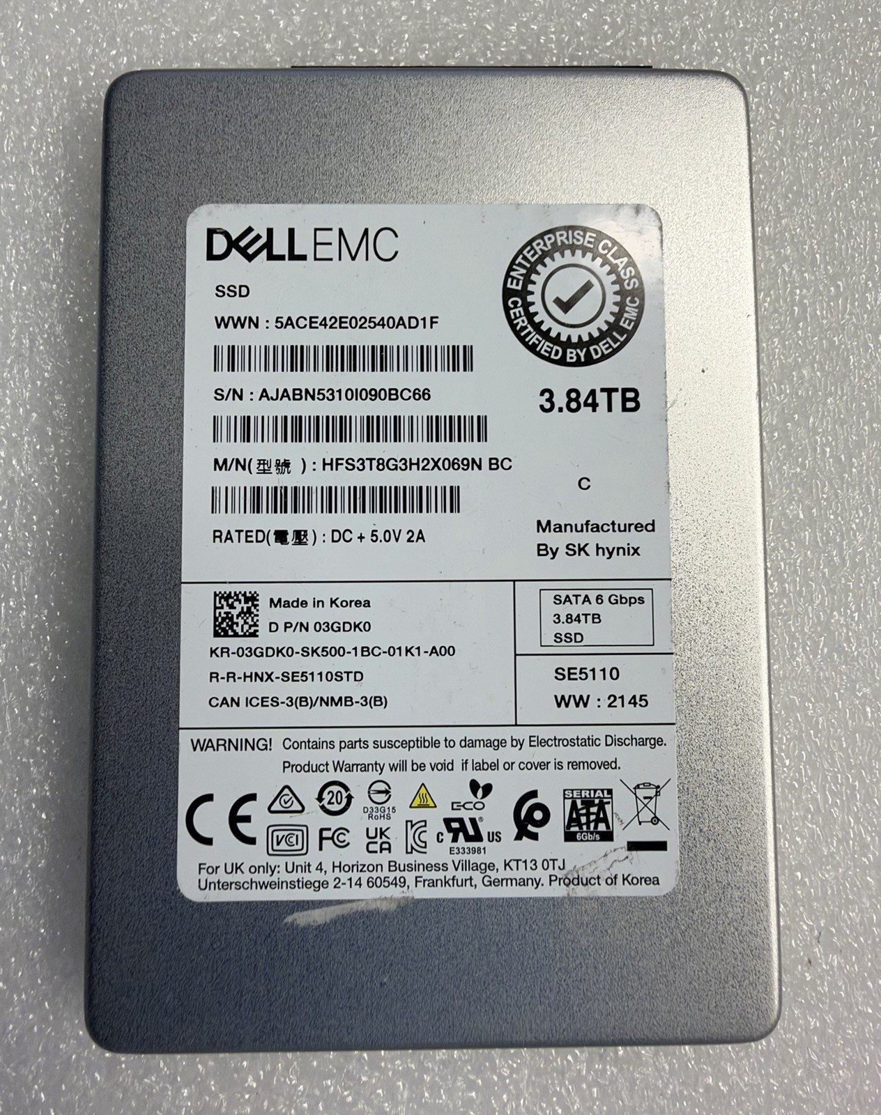 DELL SK HYNIX 3GDK0 3.84TB SATA SSD HFS3T8G3H2X069N 03GDK0 100% Health