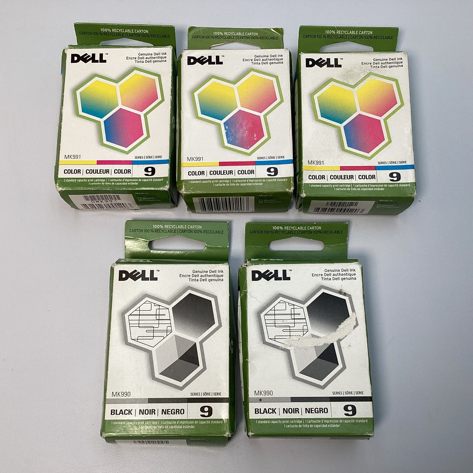 Dell Series 9 Ink Cartridge Lot 2x Black MK990 3x Color MK991 - (5 Total Inks)