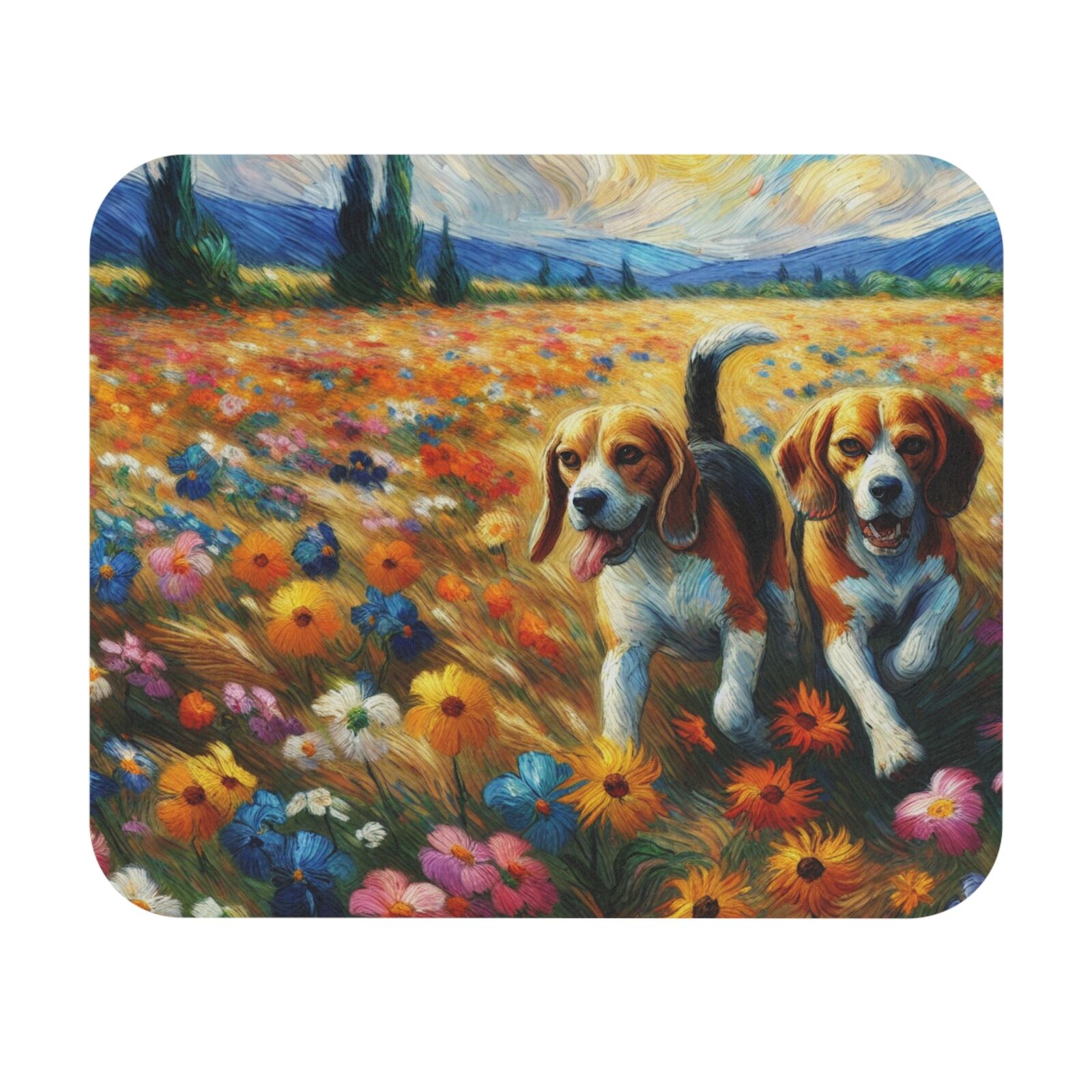 Mouse Pad (Rectangle) Beagles in Field of Flowers Van Gogh Style Design 4