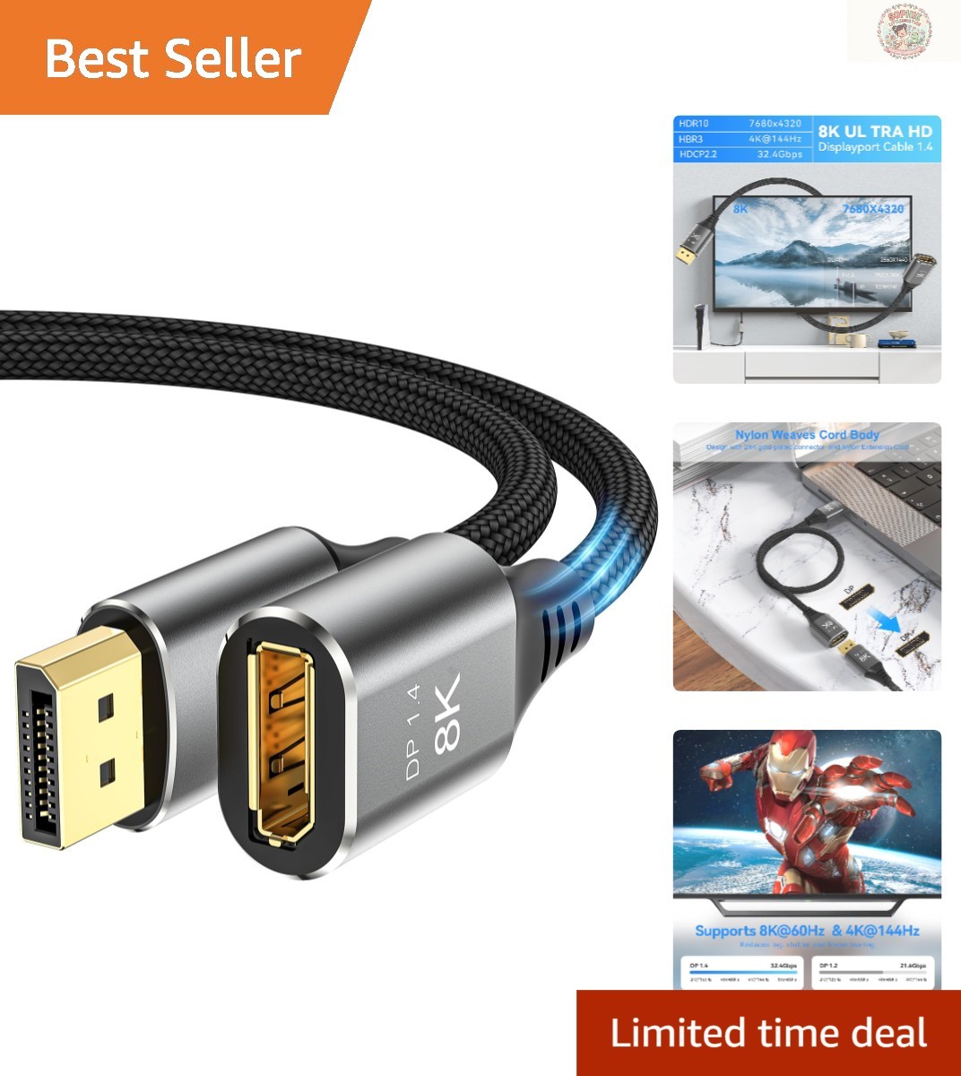 Durable 1.5 Ft DisplayPort Extension Cable - 8K@60Hz, Waterproof Braided Grey