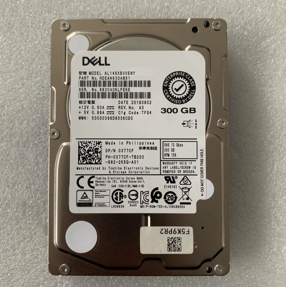 Used Dell 300GB 15K 12GB 2.5 SAS AL14SXB30ENY 0377CF 377CF R640 R740 Hard Drive