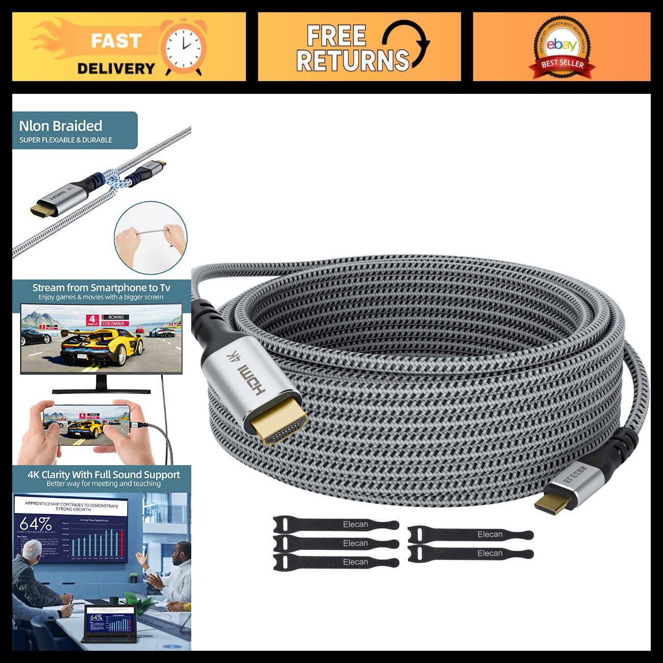 25ft USB C to HDMI Cable, 4K@60Hz, Gold-Plated, Braided, Thunderbolt 3 Compatibl