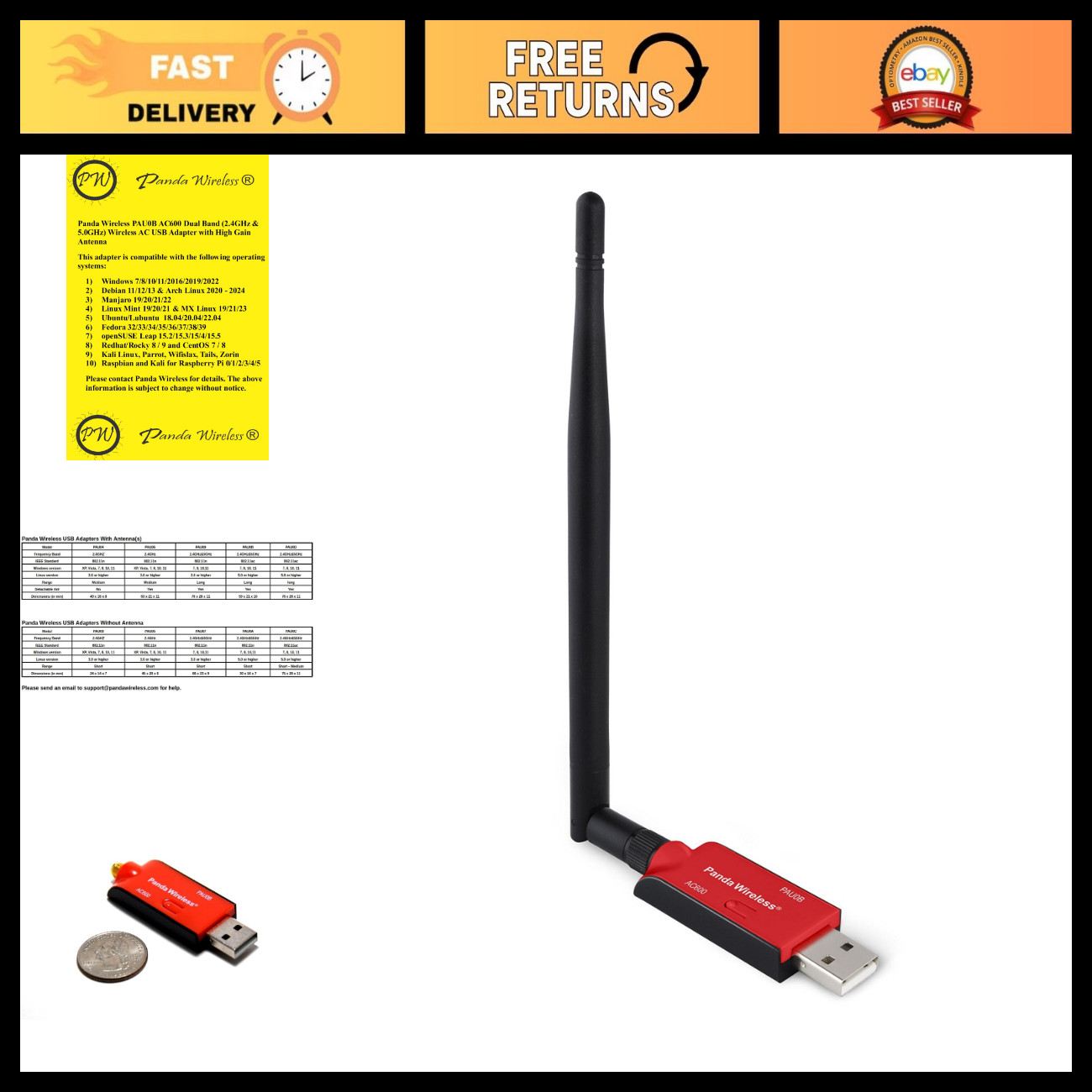 AC600 Dual Band Wireless USB Adapter - High Gain Antenna, Windows & Linux Compat