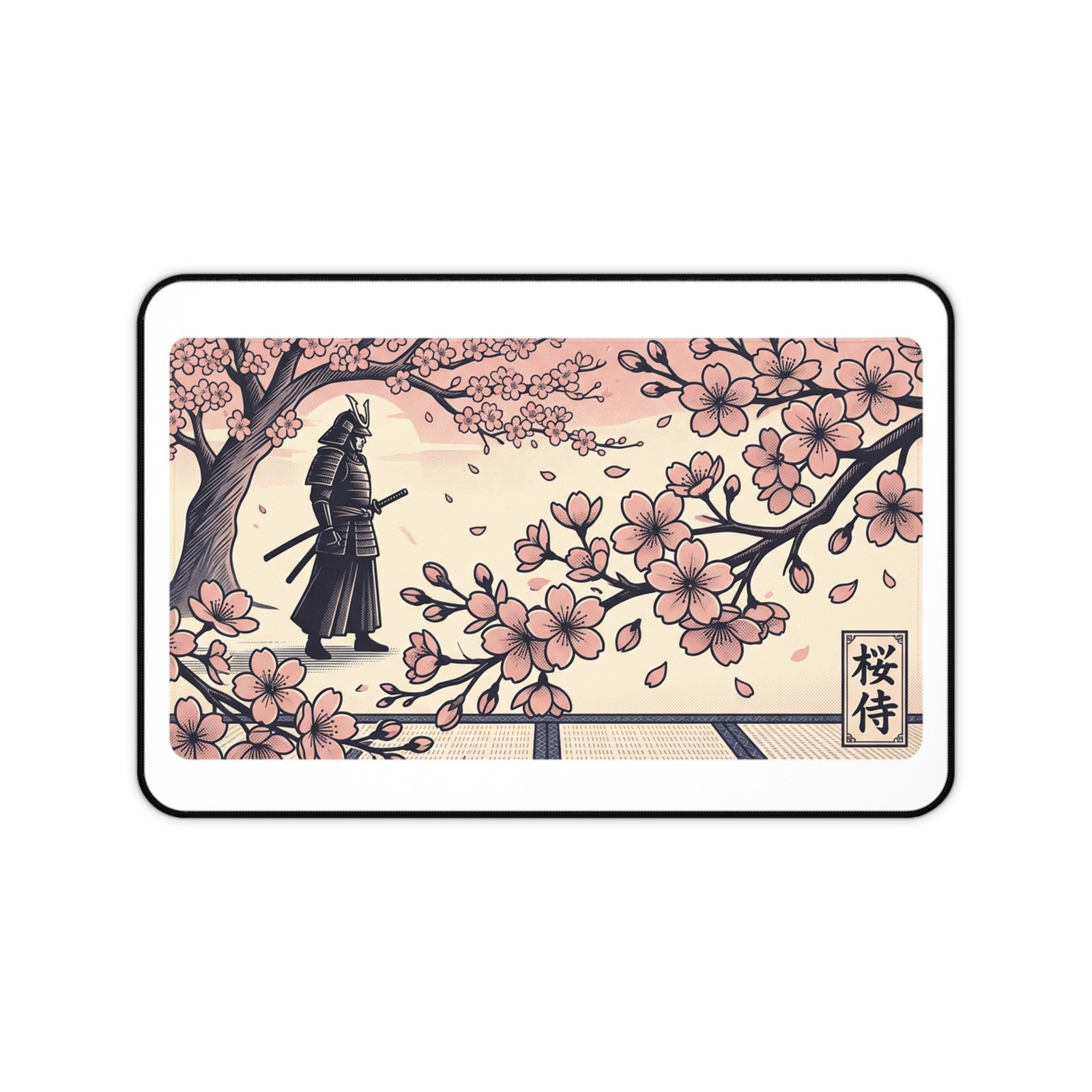 Samurai Under Cherry Blossoms Desk Mat | Sakura Warrior Mouse Pad
