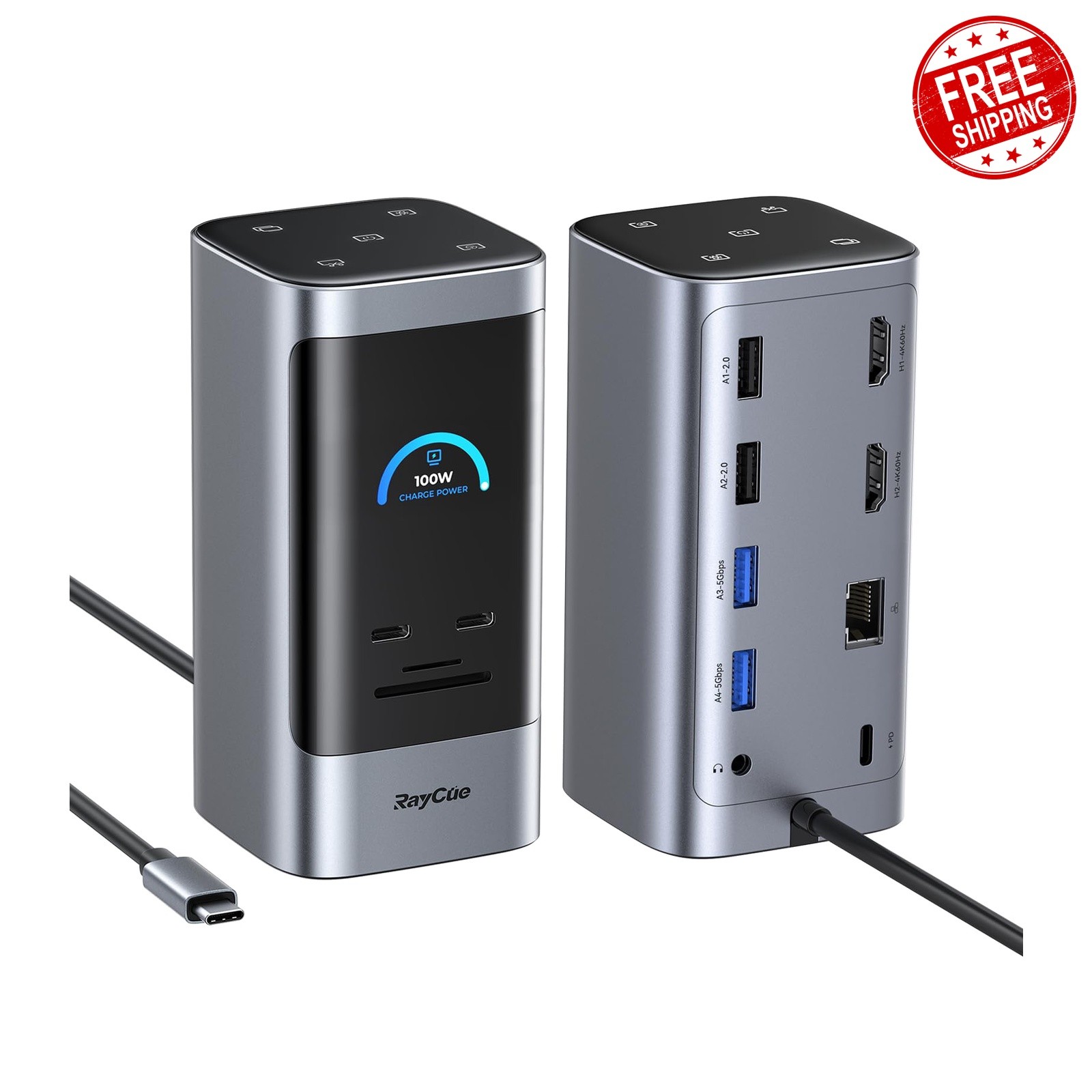 RayCue 14-in-1 Dock, Dual 4K HDMI, 6 USB, 1Gb Ethernet