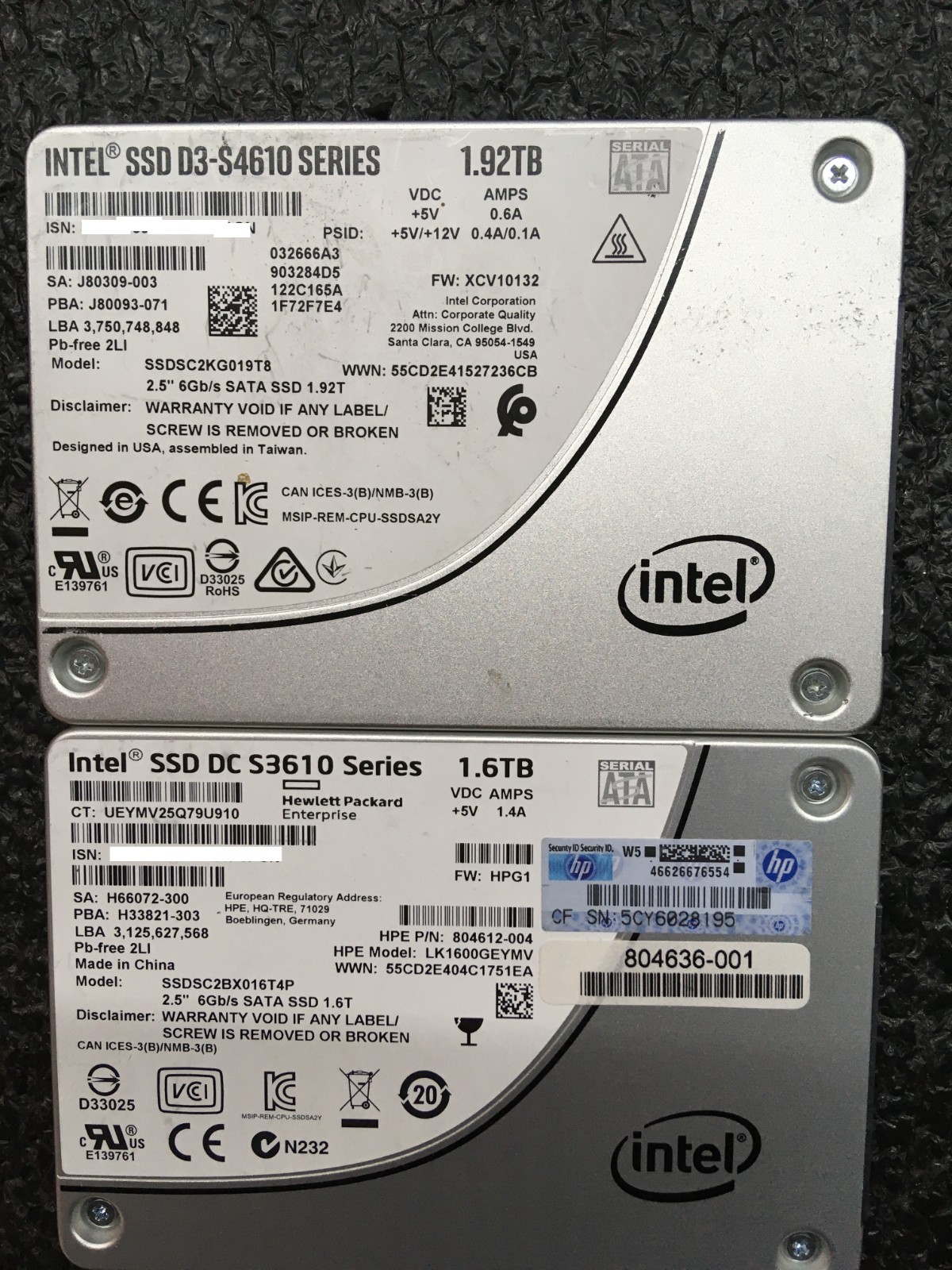 Lot of 2  Intel DC S3610-S4610 Series 1.6TB-1.92TB  SATA  2.5 in  SSD