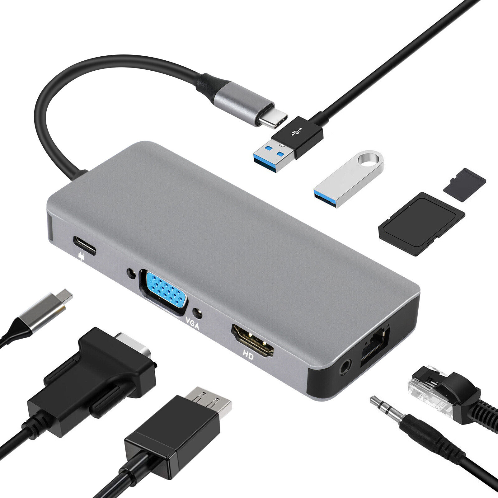 9 in 1 Multiport USB-C Hub To HDMI VGA USB 3.0 4K Adapter For Macbook Pro/Air