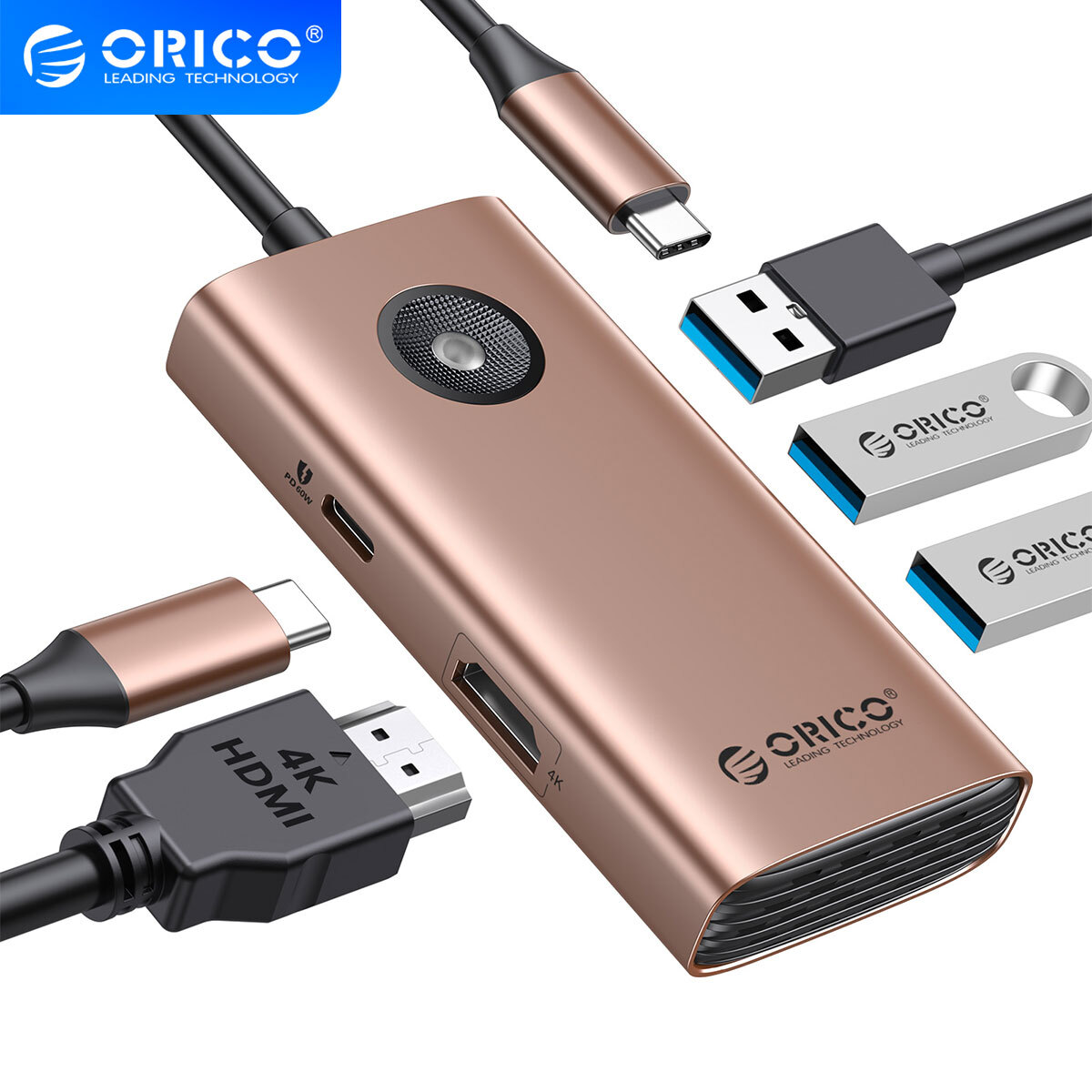 ORICO 5-in-1 USB C HUB Docking Station 4K HDMI w/ PD 60W USB 3.0 USB C Dock Gold