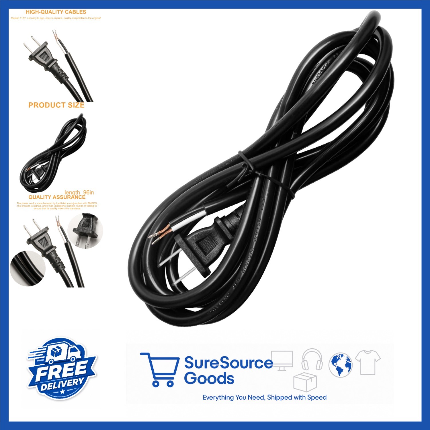 Power Cord Replacement 8FT for Appliances Motors Tools Black 1100 Watts