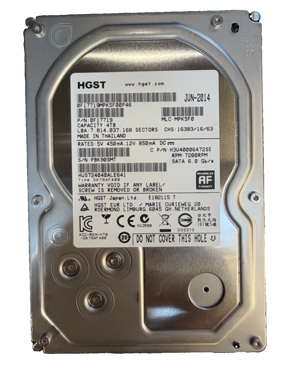 HGST 4TB 3.5” SATA Hard Drive 0F17719, 7200RPM w/ 100% Health, 