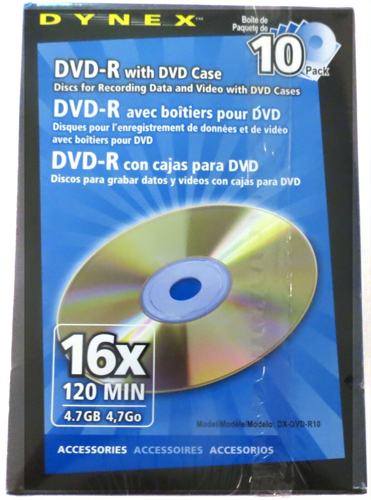 DVD -R Blank 10 Pack With Cases by Dynex 16x 120 Min 4.7 GB New Sealed