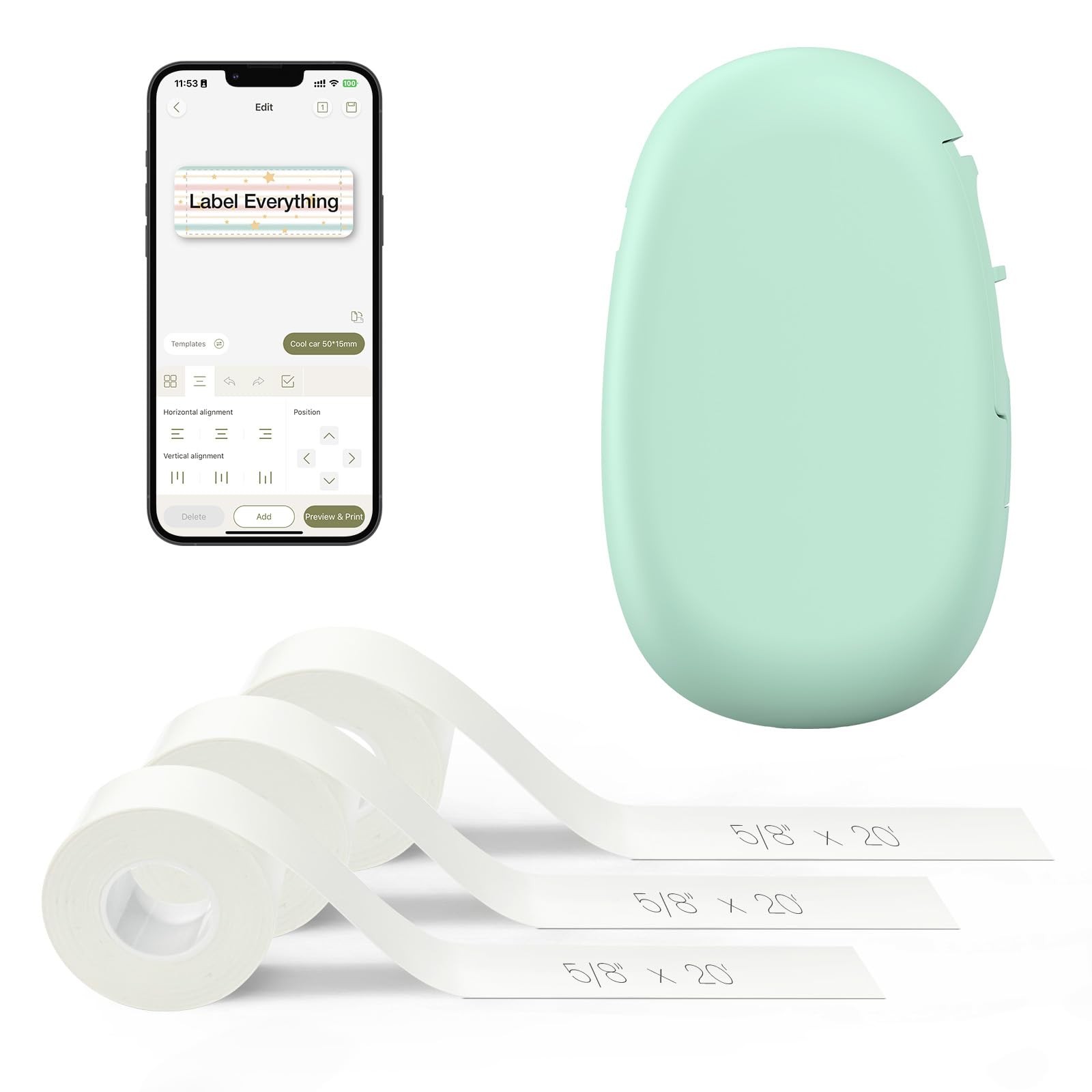 SUPVAN E10 Portable Bluetooth Label Maker Set with 3 Tapes  Green Edition