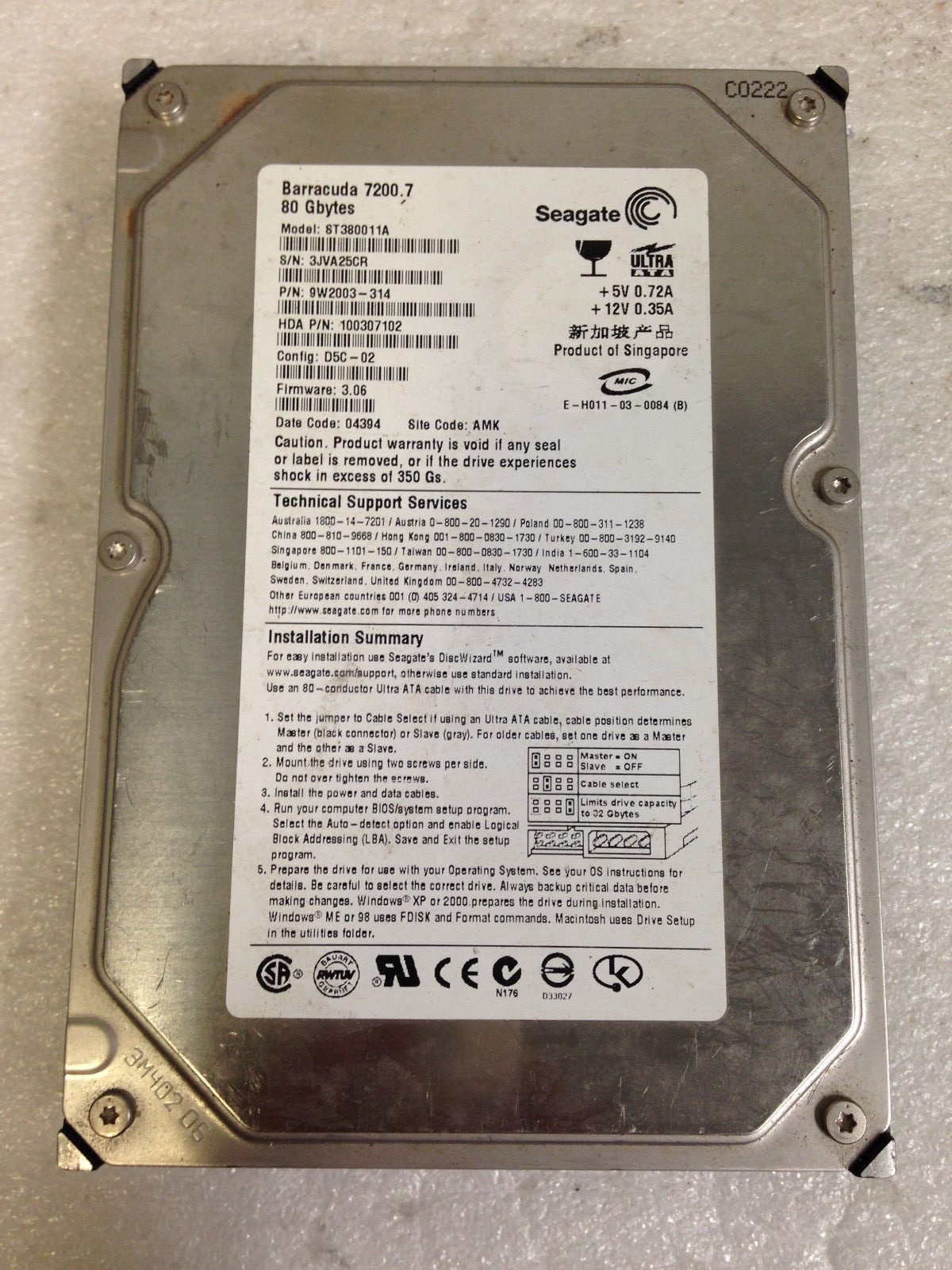 Seagate ST380011A P/N:9W2003-314 IDE 80GB Config:D5C-02 F/W:3.06 Hard Drive