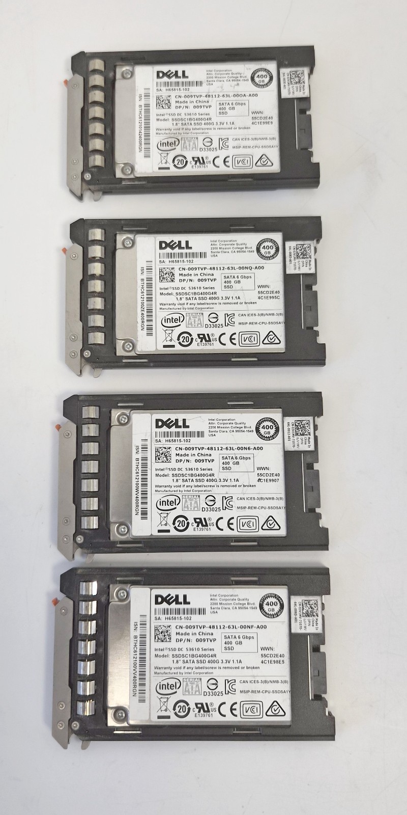 Lot of 4 DELL 400GB 1.8" SATA MLC  SSD S3610 SSDSC1BG400G4R 009TVP 09TVP