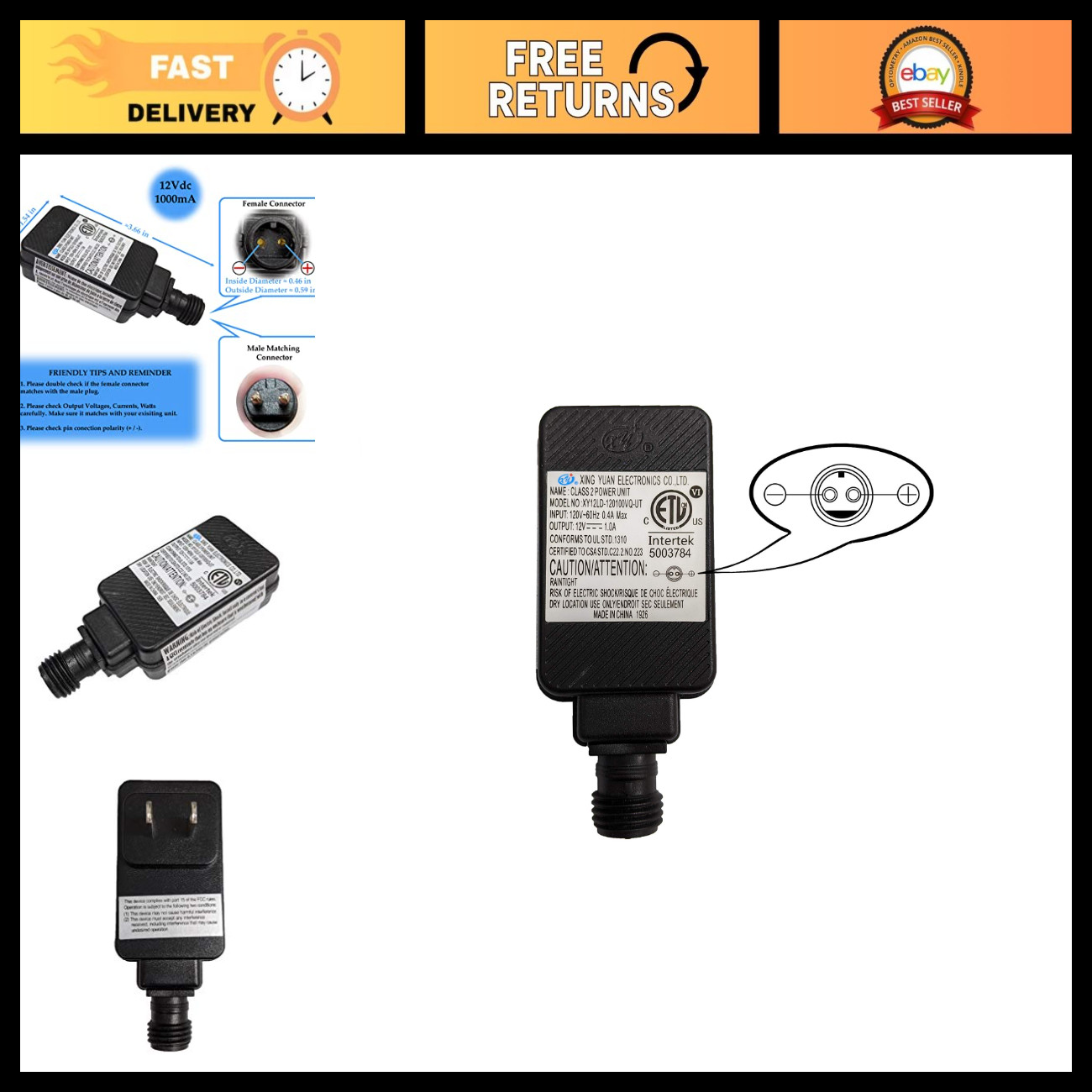 12V DC 1A Inflatable Air Pump Adapter - ETL Listed, Power Supply for Air Mattres