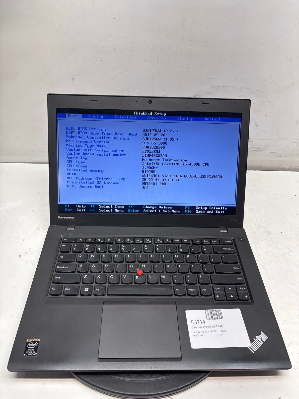 Lenovo ThinkPad T440 Intel i5-4300U 1.90GHz 8GB NO HDD