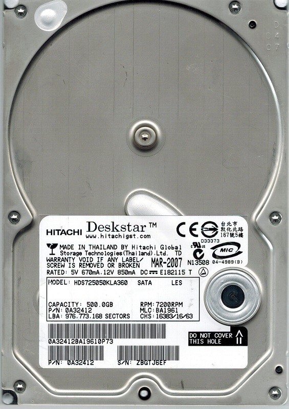 Hitachi HDS725050KLA360 P/N: 0A32412 MLC: BA1961 500GB