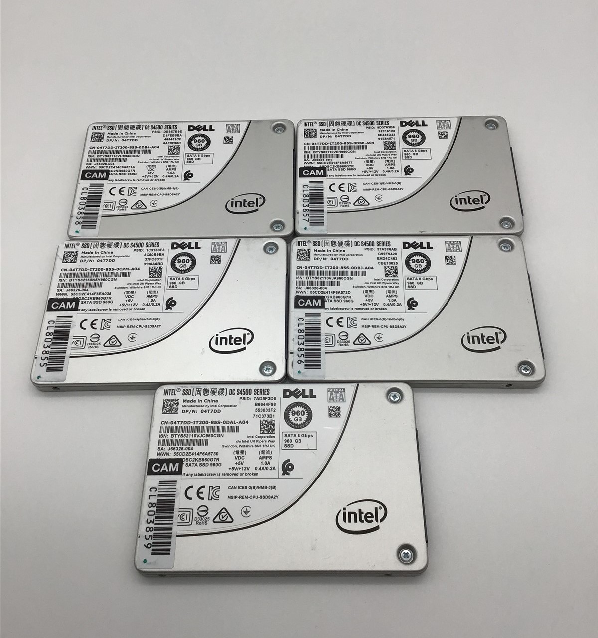 Lot of 5 Intel S4500 Dell 960GB SATA SSDs