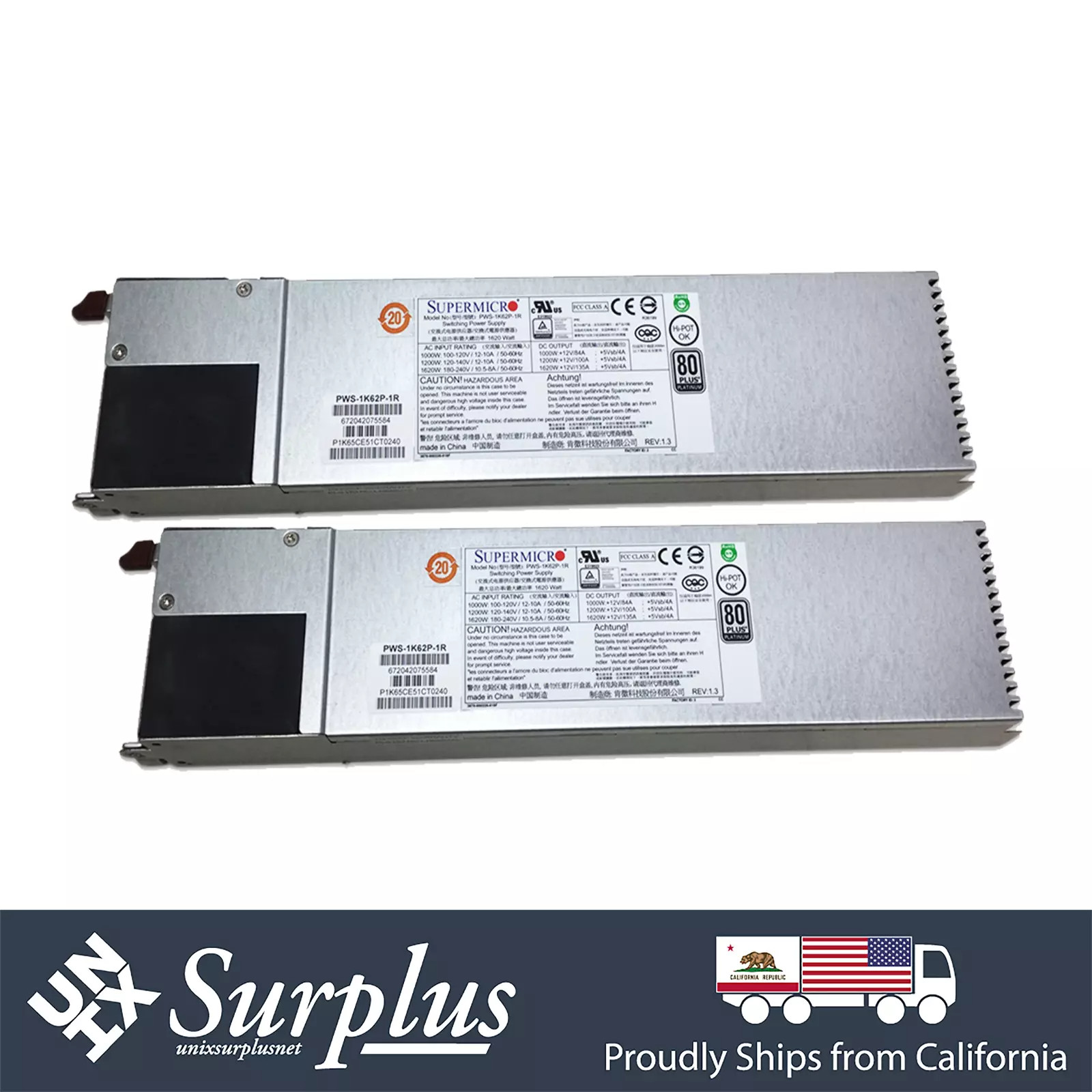 2x Supermicro PWS-1K62P-1R 1620W 1U Power Supply 80 Plus Platinum Redundant PSU